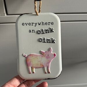 Pig Metal Wall Art Hangin Sign Pink and White